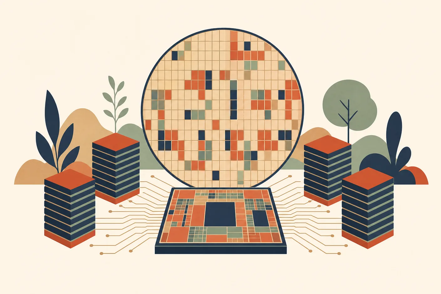 Illustration of a circular silicon wafer propped upright, a single enlarged processor die resting in front of it with four tall stacked memory towers flanking the die, fine gold connection lines fanning outward