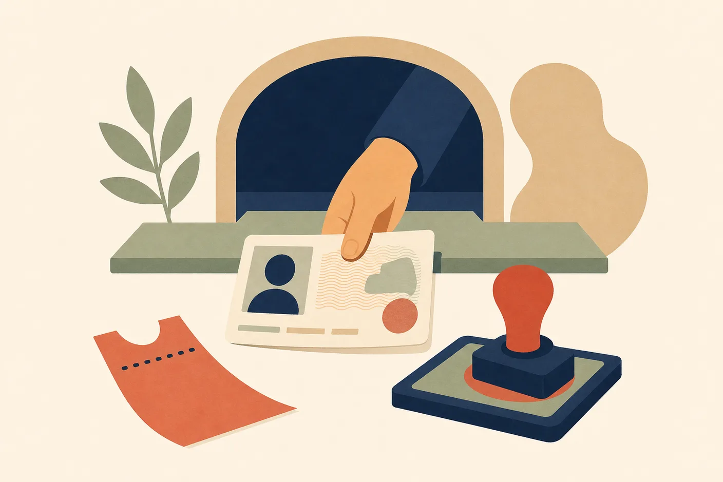 Illustration of a residence ID card emerging from an immigration office counter window, a numbered queue ticket and inked stamp beside it