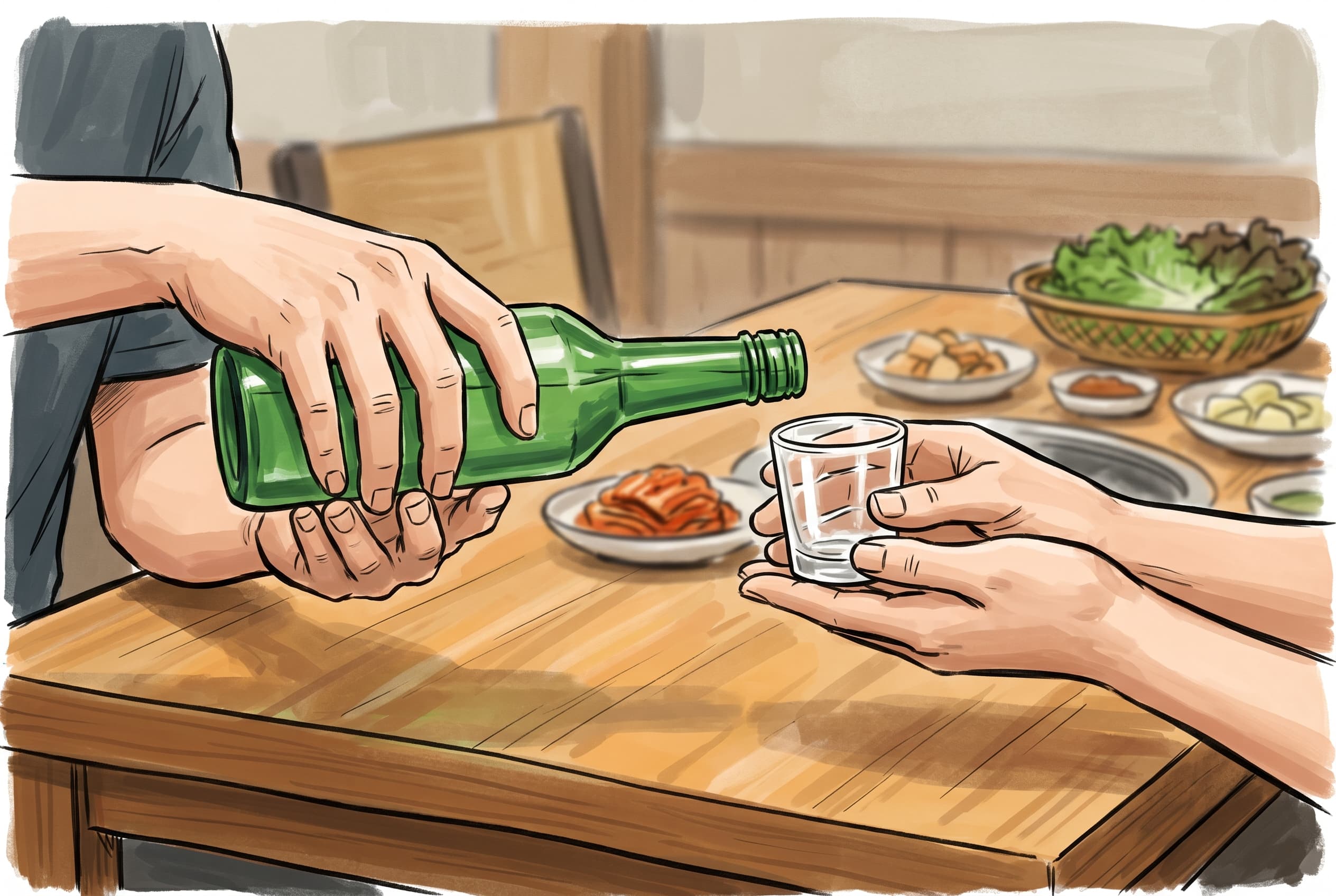 Minh họa cách rót soju hai tay: một người rót từ chai soju xanh bằng tay phải, tay trái đỡ cổ tay; người kia nhận ly nhỏ bằng hai tay