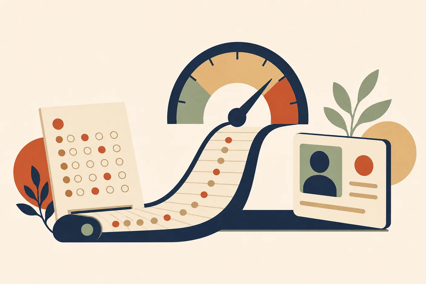Illustration of a test answer sheet feeding into a rising gauge dial with an ID card waiting at the end
